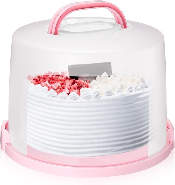 Baderke 10 Inch Round Cake Carrier with Lid and Handle - Two Sided Cake Holder & Box for Transport, Pie, Cupcake(Pink)