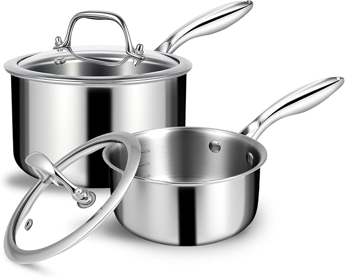 EWFEN 3 Ply Stainless Steel Sauce Pan Set with Lids, 1 & 2 Quart Multipurpose Cooking Pot, Stay-Cool Handle, Induction Oven Dishwasher Safe, 1QT & 2QT