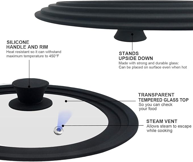 Universal Lid for Pots, Pans and Skillets - Tempered Glass with Heat Resistant Silicone Rim, Fits 8", 9" and 9.5" Diameter Cookware