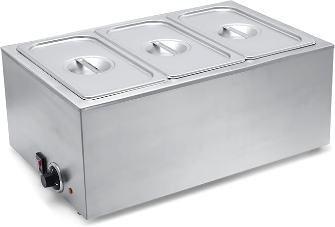 SYBO Food Warmer Commercial Grade Stainless Steel Bain Marie Easy to Clean Steam Table for Buffet Catering and Restaurants, ETL, CE ROHS Certified for Commercial, Safety (3 Sections)