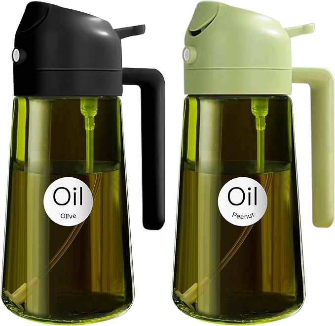 YARRAMATE 16oz/470ml 2PCS Light Blockage Dark Oil Sprayer for Cooking, 2 in 1 Olive Oil Dispenser Bottle for Kitchen, Green Glass Oil Bottle, Food-Grade Oil Mister for Air Fryer, BBQ (Black & Green)