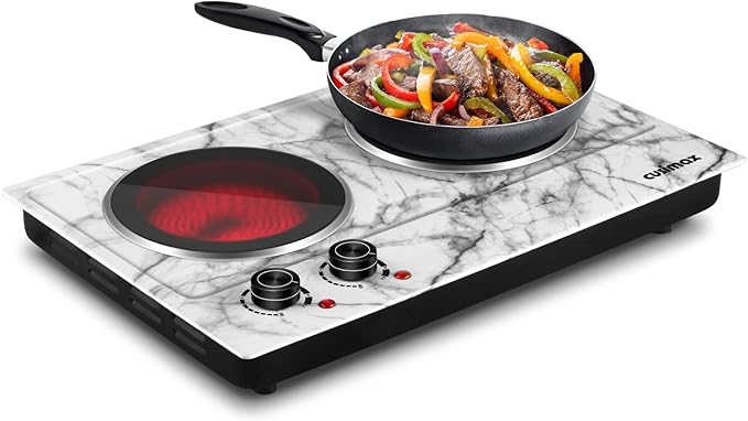 CUSIMAX Hot Plate, 1800W Double Burner Electric Hot Plate for Cooking, Dual Control Portable Infrared Stove Countertop Cooktop, Heat-up in Seconds, Stainless Steel White Marble