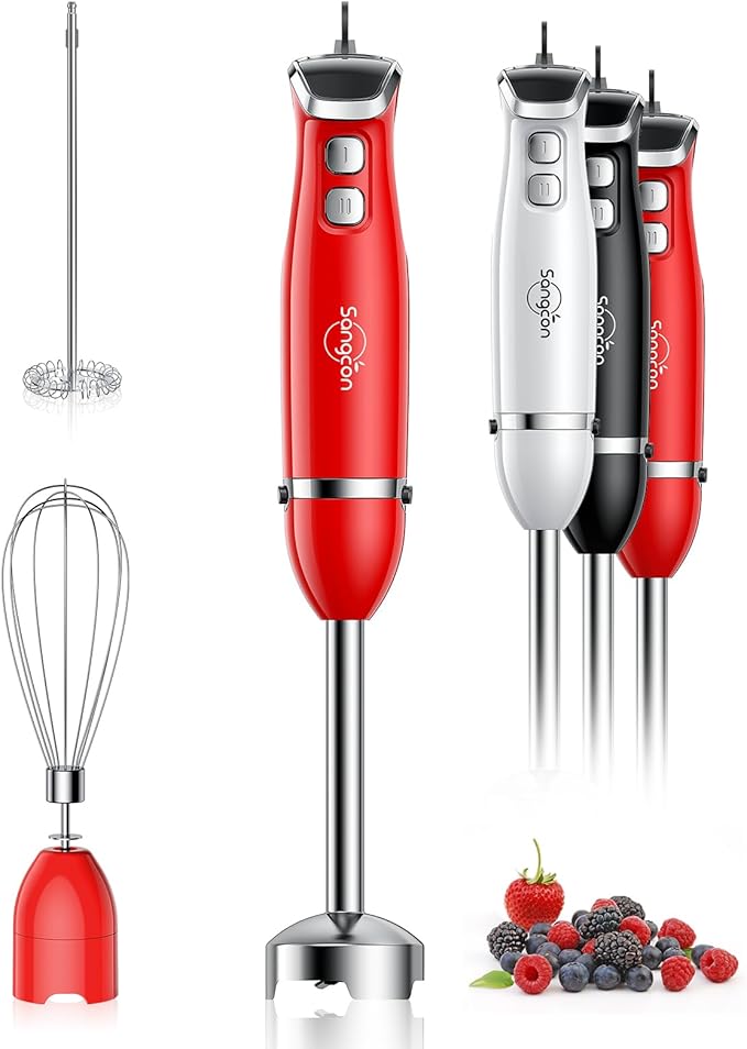 Sangcon Immersion Blender Handheld, 3-in-1 Hand Blender Electric, 400W Handheld Blender, Stainless Steel Blade Stick Blender with Whisk, Milk Frother Attachments - Red