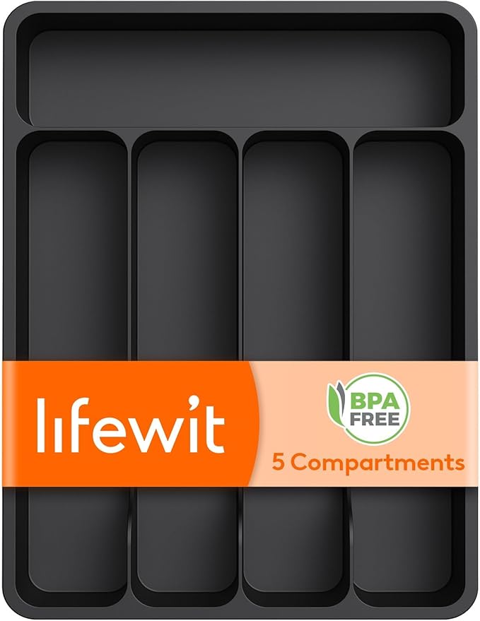 Lifewit Silverware Drawer Organizer Tray, Plastic Cutlery Storage for Kitchen, Flatware and Utensil Holder Divider for Spoons Forks Knives Tableware, 9.1 x 12.6", 5 Slots, Black