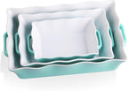 Sweejar Casserole Dishes for Oven, Ceramic Bakeware Set of 3, Rectangular Baking dish with Handles, Wave Edge Lasagna Pan Deep for Cooking, Cake, Dinner, Banquet and Daily Use (Turquoise)