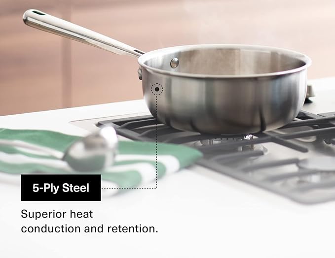 Misen 5-Ply Stainless Steel Saucier with Lid– Induction-Compatible Pan with Curved Sides for Smooth Stirring - Oven Safe to 800F – Even Heat Distribution & Ergonomic Handle - 2 QT