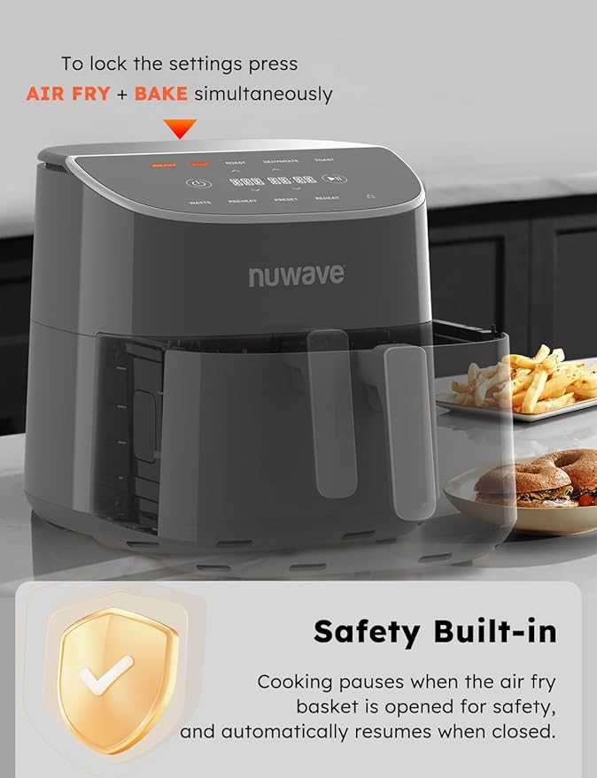 Nuwave Brio Plus 8 Qt Air Fryer, PFAS Free, New & Improved, Digital Touch Screen, Cool White Display, 50°F~400°F in Precise 5°, 5 Cook Functions, 100 Presets & 50 Memory, 3 Wattages 700, 1500, 1800