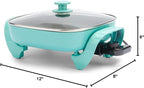 GreenLife 12" 5QT Square Electric Skillet, Glass Vented Lid, Ceramic PFAS-Free Nonstick Interior, Adjustable Temperature Control, Cool Touch Handles, Quick Even Heating, Scratch Resistant, Turquoise