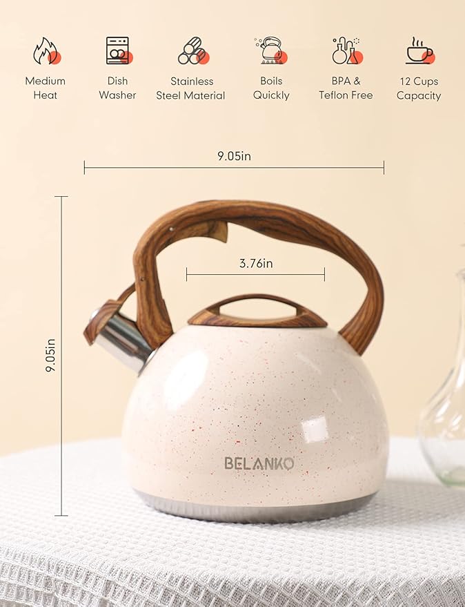 BELANKO 2.7 Quart Tea Kettle for Stovetops - Food Grade Stainless Steel Teapot with Loud Whistle, Cool-Touch Wood Pattern Handle, Rust-Resistant Whistling Kettle - Starry Cream