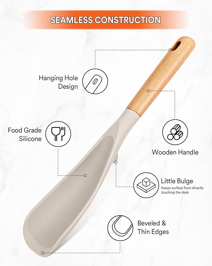 Cooking Spoon for Nonstick Cookwares, Great for Cooking and Serving Sturdy BPA-Free Matte Silicone, Wood Handle Spoon for Mixing, Scoop, and Scrape (Khaki & Turquoise, 11.4 inch)