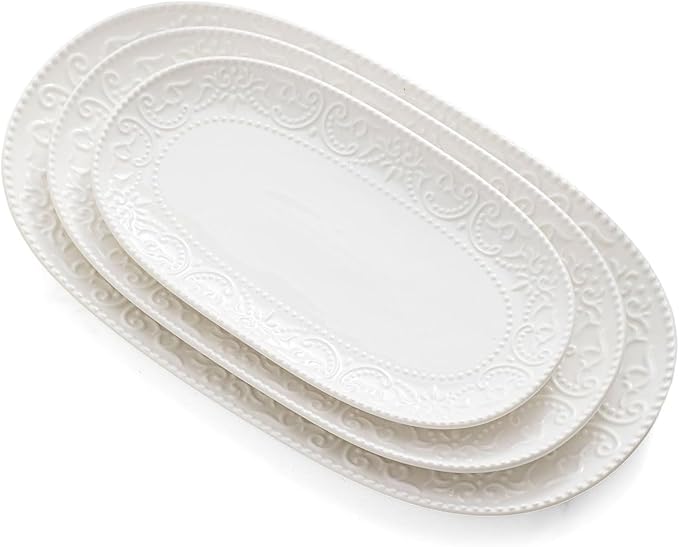 Oval Serving Platter, 14"/12"/10" Ceramic Serving Platters, Embossed White Serving Plates, Stackable Porcelain Tray for Appetizer, Dessert, Pasta, Sushi, Oven Dishwasher Safe, Set of 3, Family Dining