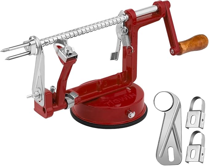 Apple Peeler Corer, Long lasting Chrome Cast Magnesium Alloy Apple Peeler Slicer Corer with Stainless Steel Blades and Powerful Suction Base for Apples and Potato(Deep Red)