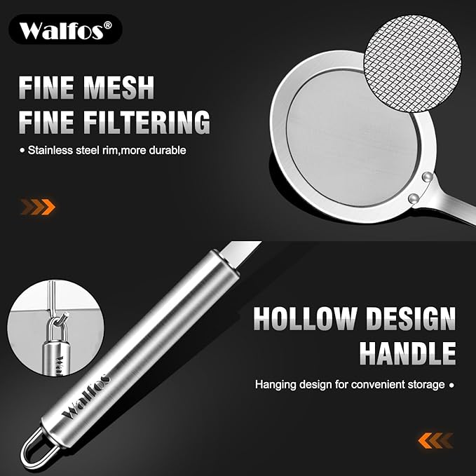 Walfos Skimmer Spoon,304 Stainless Steel Fine Mesh Strainer,Foam Strainer Oil Filter,Ultra Fine Mesh Strainer Perfect For Separation Of The Floating Foam,Fat,Set fo 2