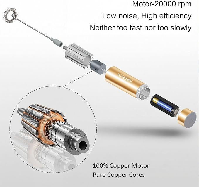 Milk Frother Handheld, Battery Operated Coffee Foamer Drink Mixer with 2 Stainless Steel Electric Whisks for Coffee, Latte, Cappuccino, Hot Chocolate, Protein， Batteries Included, Golden