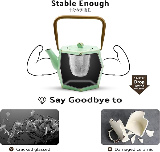 Toptier Cast Iron Teapot, Stovetop Safe Japanese Cast Iron Tea Kettle, Diamond Design Tea Pot with Removable Infuser for Loose Tea, 30 Ounce (900 ml), Light Green
