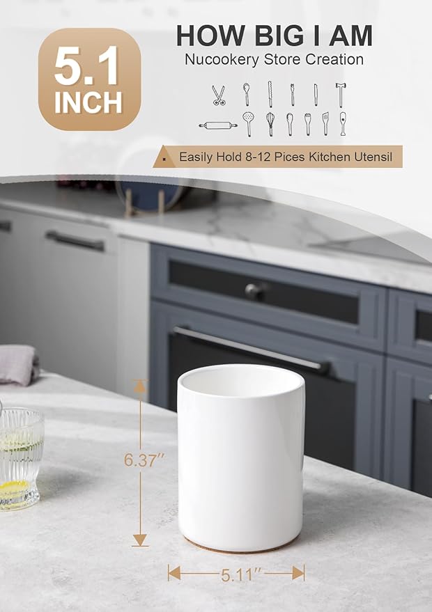 Nucookery Utensil Holder, 6.4" Ceramic Kitchen Utensil Holder with Countertop-Protection Cork Bottom, Farmhouse Kitchen Decor for Counter, Gift (White)
