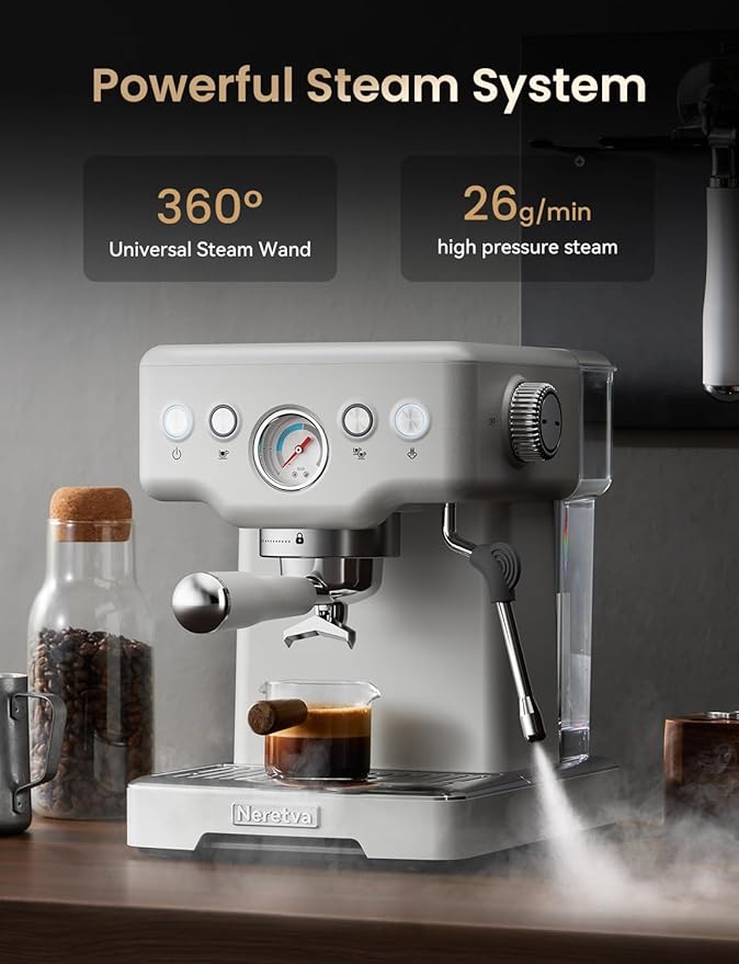 Neretva Espresso Machine, 15 Bar Espresso Coffee Machine with Visible Pressure Guage Professional Espresso Maker with Milk Frother & Stainless Steel for Home Barista Latte and Cappuccino Maker - White