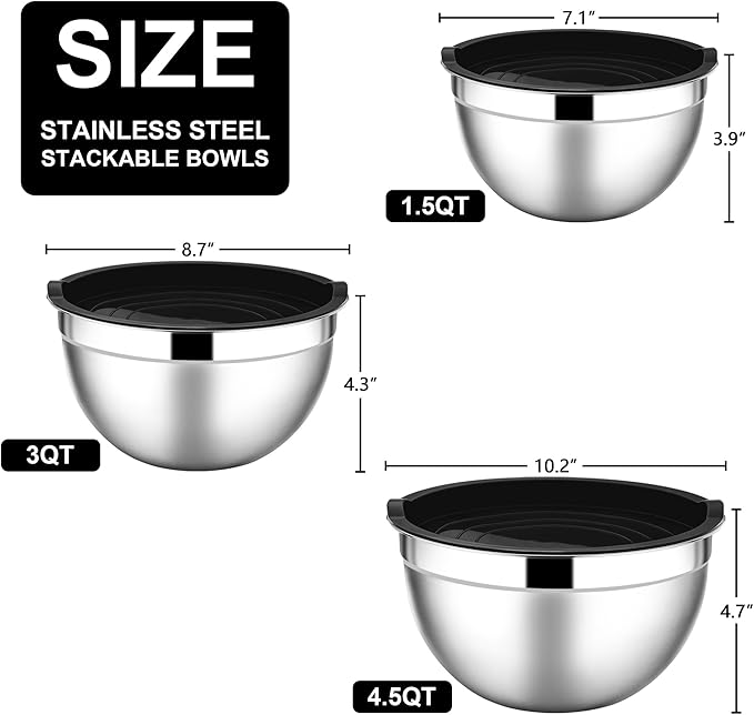 E-far Mixing Bowls with Lids, 6-Piece Stainless Steel Salad Bowls Metal Nesting Bowls for Baking Cooking and Prepping, Airtight Lids & Stackable Design, Size 4.5, 3, 1.5 QT (Black)