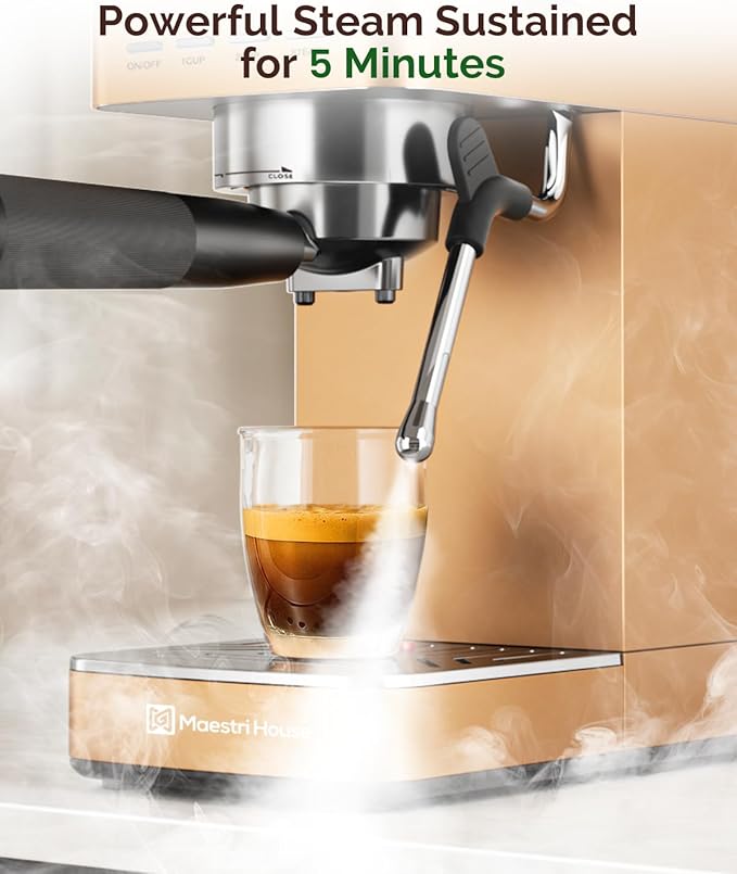 Maestri House 20 Bar ULKA Pump Espresso Machine, Compact Espresso Maker Built-in Flow Meter Steam Milk Frother, Stainless Steel Coffee Machine for Cappuccino, Latte, Rose Golden