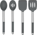 TeamFar Kitchen Utensils, 4PCS Heat-proof Silicone Cooking Utensils Set Slotted Spatula Solid Turner Spoon with Stainless Steel Handle, for Non-stick Cookware Flipping, Frying, Draining – Gray