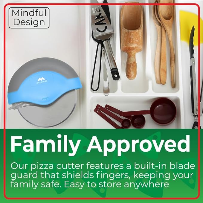 Mindful Design Pizza Cutter Wheel with Protective Blade Cover, Easy to Clean and Dishwasher Safe Ergonomic Pizza Slicer (Blue)