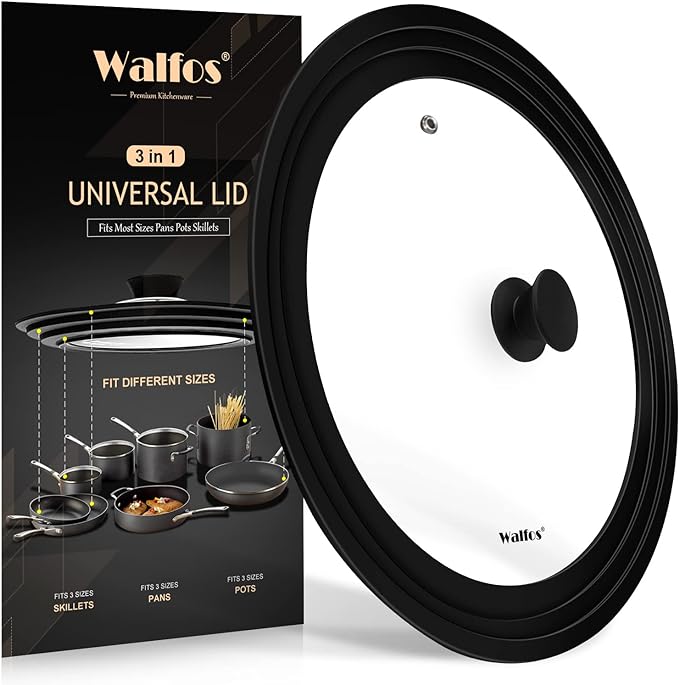 Universal Lid for Pots, Pans and Skillets Fits 7", 8" and 9" Diameter Cookware - Walfos Tempered Glass Pan Lid with Heat Resistant Silicone Rim, Multi-purpose BPA Free Pot Lids, Dishwasher-Safe, Black