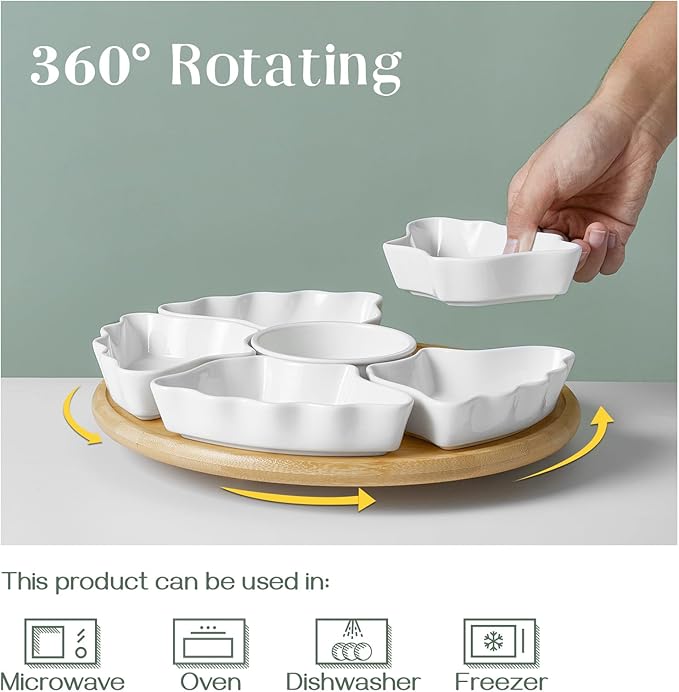 DOWAN 360° Rotatable Serving Tray and Platters, 12 Inch Divided Serving Bowls for Party, Kitchen Decor, Removable Serving Dishes for Chips and Dip, Fruit, Veggies, Candy and Snacks, 7 Pieces, White