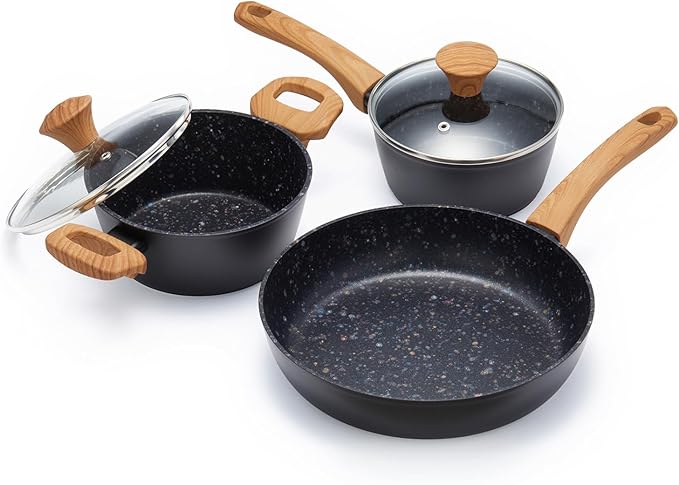 3-Piece Nonstick Cookware Set, 10.25 Inch Frying Pan & 2 Pots with Lids | PFAS & PFOA Free Non-Toxic Coating | Induction Compatible, Dishwasher Safe | Pots and Pans Set for Beginner Kitchen