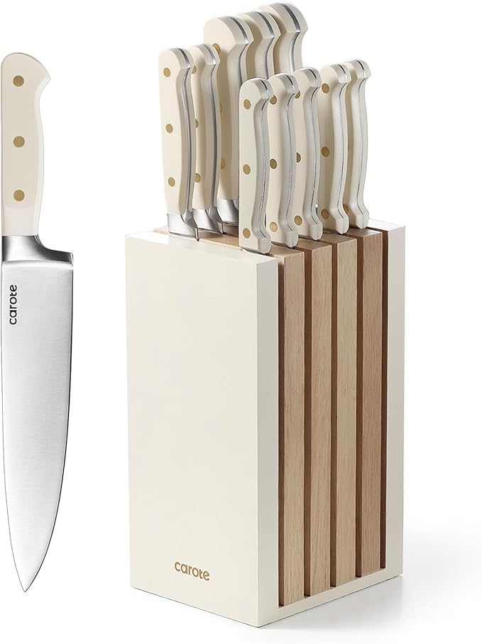 CAROTE 11 Pieces Knife Set with Block for kitchen, Stainless Steel Razor-Sharp Blade, Triple Riveted Ergonomic Handle, Wooden Magnetic Block, Essential Knife Block Set, Beige