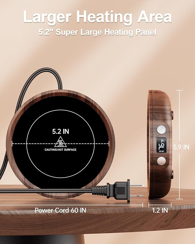 SWEETFULL Mug Warmer - Upgraded 36W Coffee Cup Warmer for Desk with 130℉-176℉ Digital Display, 2-12H Timer Auto Shut Off, Smart Electric Coffee Heating Plate, Ideal Gifts for Women Men - Wood