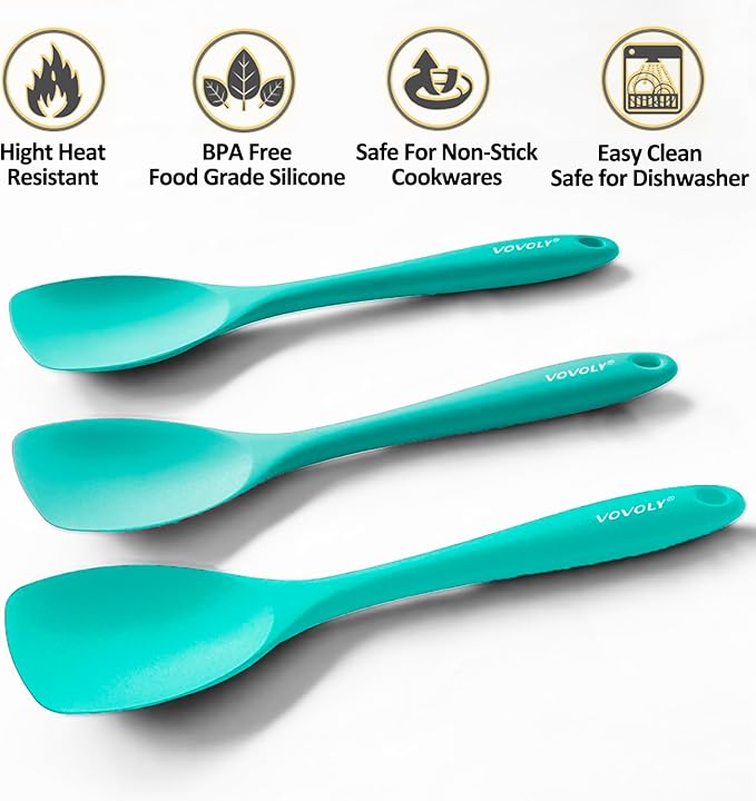 Upgrade Silicone Spatula Spoon Set,VOVOLY Heat Resistant Rubber Spoonula, Seamless Non-Stick Flexible Scrapers for Baking Mixing Tool,3 Pack, Teal