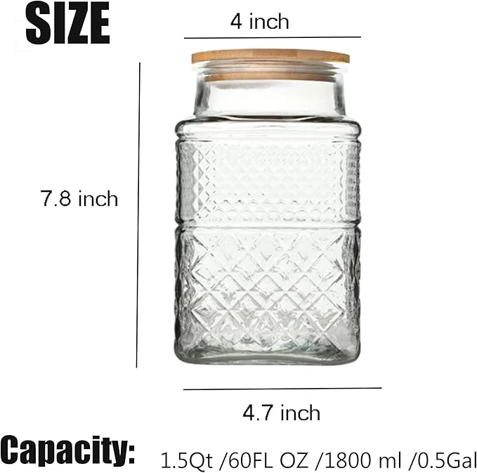Large Glass Storage Jar, 60 FL OZ Glass Food Storage Containers with Bamboo Lid, Kitchen Containers Cereal Canisters Decorative Jar for Candy Snack Cookies Coffee Tea Nuts Airtight Jars