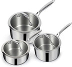 EWFEN 3 Ply Stainless Steel Sauce Pan Set with Lids, 1 & 2 & 3 Quart Multipurpose Cooking Pot, Stay-Cool Handle, Induction Oven Dishwasher Safe, 1QT & 2QT & 3QT