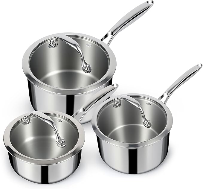 EWFEN 3 Ply Stainless Steel Sauce Pan Set with Lids, 1 & 2 & 3 Quart Multipurpose Cooking Pot, Stay-Cool Handle, Induction Oven Dishwasher Safe, 1QT & 2QT & 3QT