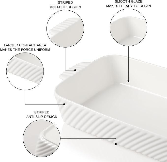 Sweejar Ceramic 13 x 9 Baking Pan, Cake Baking Dish for Brownie, Porcelain Striped Casserole Dishes for Oven with Handle for Lasagna, Family Dinner(White)