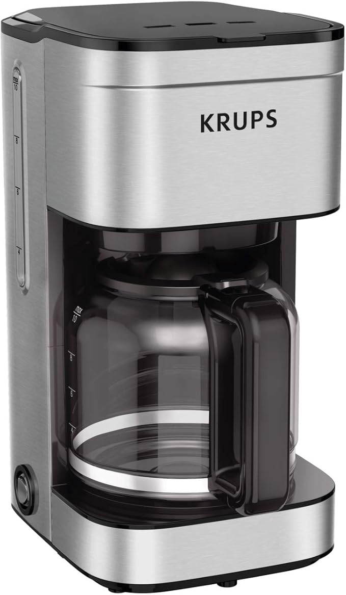 KRUPS Coffee Maker 10 Cups Simply Brew Stainless Steel Drip Coffee Maker, 900 Watts Coffee Filter, Drip Free, Dishwasher Safe Pot , Black & Silver