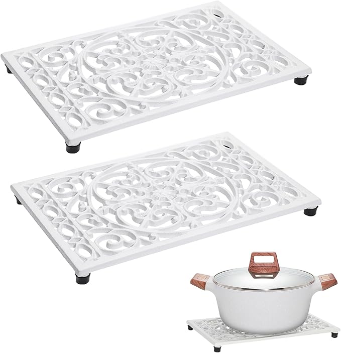 Sumnacon 2 Pack Rectangle Cast Iron Trivets, Rustic Iron Hot Dish Plate Trivet for Kitchen Countertop Dining Table (White, 9.6 x 6.3 Inch)