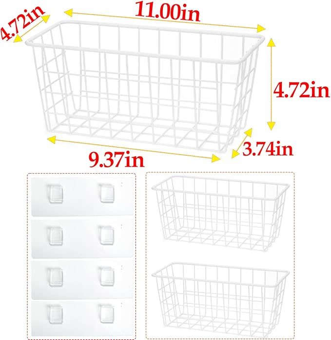 2 Set LeleCAT Hanging Wall Basket Organizer Over the Cabinet Door Adhesive Wire Baskets for Organizing Kitchen Food Pantry Bathroom Shelf Storage No Drilling Wall Mounted,White