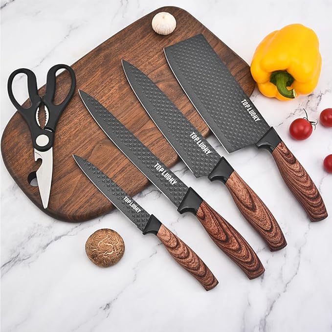 Knife Set, Wiztoynia 6-Piece Black Kitchen Knife Set for Home, Anti-Rust Non-stick Stainless Steel Sharp Chef Knife Set with Universal Knife Block for Kitchen, Ergonomical Design (Black)