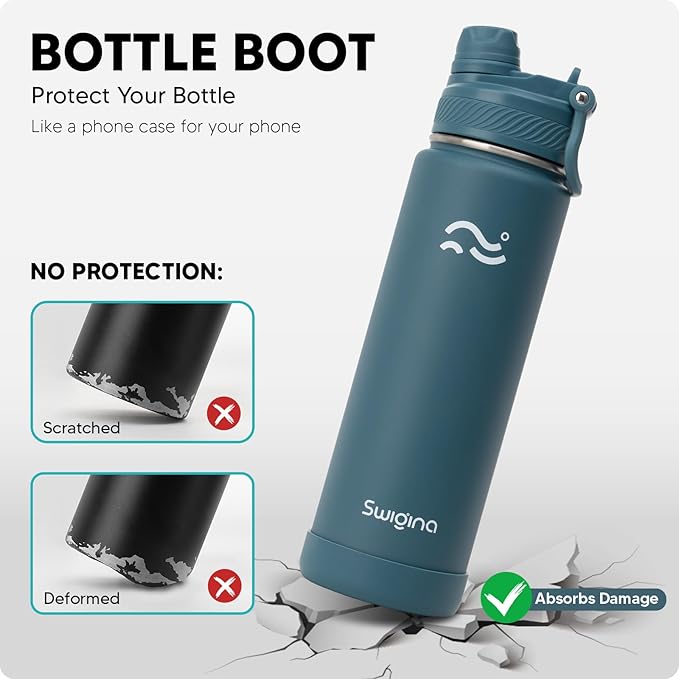 Swigina Insulated Water Bottle with Silicone Boot (36hrs Cold/18hrs Hot) - DIY Stickers, Leakproof, BPA Free, 24 oz [2-IN-1 LID]