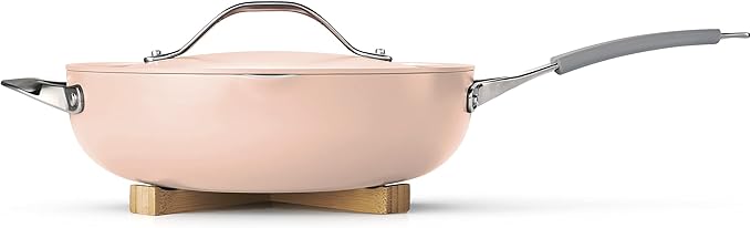 Tramontina All-in-One Plus Pan Set, 5-Quart Ceramic Non Stick Cooking Pan with Lid, Steamer Insert, Bamboo Utensil and Trivet, Pink