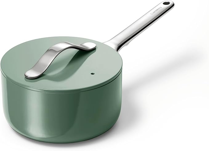 Caraway Nonstick Ceramic Sauce Pan with Lid (1.75 qt) - Non Toxic, PTFE & PFOA Free - Oven Safe & Compatible with All Stovetops (Gas, Electric & Induction) - Sage