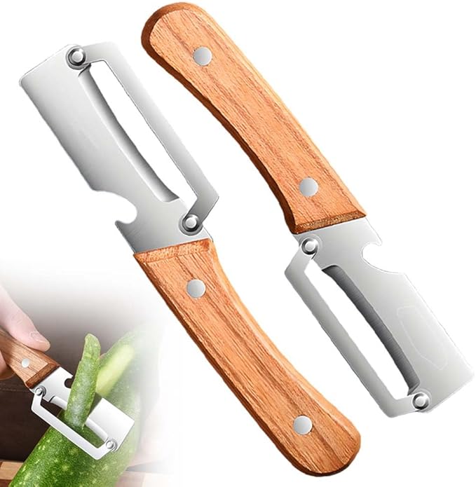 Multi-Functional Vegetable Peeler for Kitchen, 2026 New Stainless Steel Peeler with Wooden Handle and Bottle Opener, Kitchen Tool for Fruit Veggie Pumpkin, Gifts for Mom (2PCS)