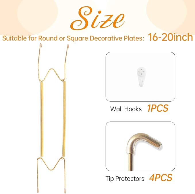 Plate Hangers for The Wall, Suitable for 16-20 inch Decorative Plate, Stainless Steel Wire Plate Holder with Wall Hooks and Rubber tip Protectors, Plate Hangers for Displaying Plates, Platter, Gold