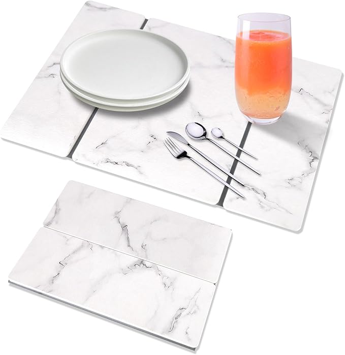 Stone Dish Drying Mat for Kitchen Counter, 24''×15'' Dishes Drying Matt Kitchen Counter, Absorbent Diatomaceous Earth Bath Quick Dry Mats for Tableware, Bottles and Cup (White Marble)