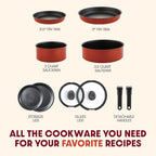 T-fal Ingenio Nonstick Cookware Set 10 Piece, Induction, Oven Broiler Safe 500F, Cookware, Pots and Pans, RV, Camping, Oven, Broil, Dishwasher Safe, Detachable Handle, Red