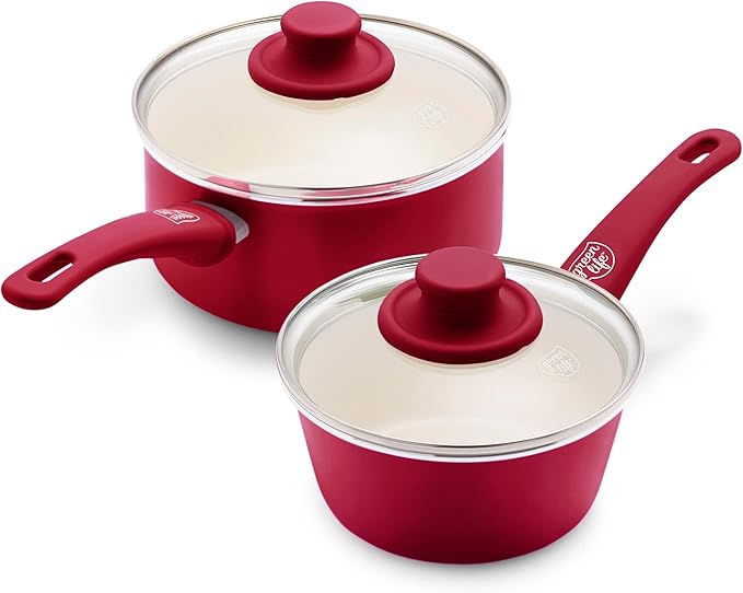 GreenLife Soft Grip 1QT and 2QT Saucepan Set, Healthy Ceramic Nonstick, Non Toxic PFAS & PFOA-Free, Dishwasher Safe, Glass Lids, Stay-Cool Handles, Easy Clean Cookware, Kitchen Essentials, Red