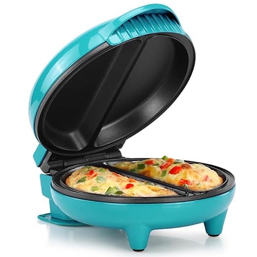 Holstein Housewares Stainless Steel 2 Section Omelet & Frittata Maker, Non Stick Coating, Easy To Clean, Indicator Lights, Compact Storage, Prepare Versatile Recipes in Minutes. 2 Portions, Teal