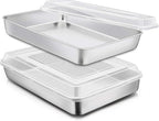 E-far Stainless Steel Baking Pan with Lid, 12⅓ x 9¾ x 2 Inch Rectangle Sheet Cake Pans with Covers Bakeware for Cakes Brownies Casseroles, Non-toxic & Healthy, Heavy Duty & Dishwasher Safe - Set of 2