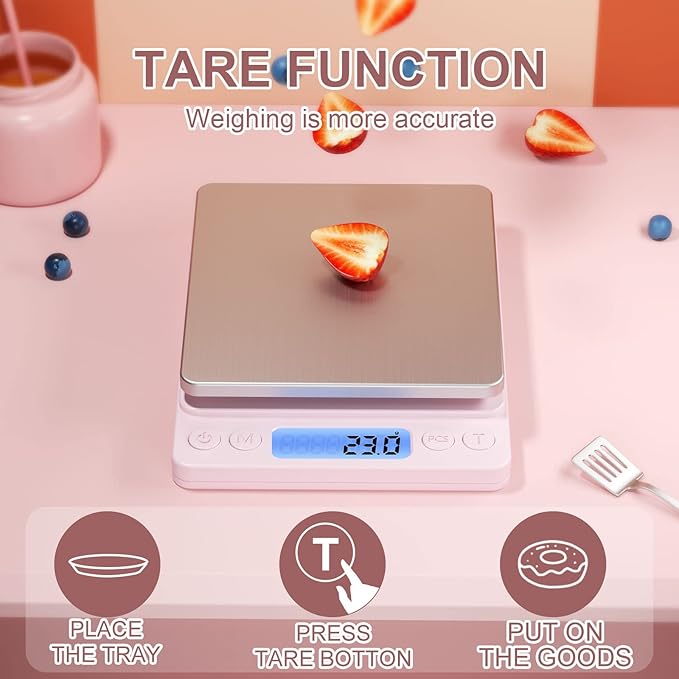 Digital Food Scale for Food Ounces and Grams，YONCON 3000g/0.1gram Accuracy Multifunctional Kitchen Scale for Cooking, Baking | Small Size for Easy Storage | Tare Function, Pink